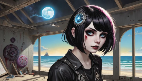 1girl,solo,looking at viewer,short hair,bangs,blue eyes,shirt,black hair,hair ornament,jewelry,jacket,upper body,earrings,outdoors,parted lips,sky,day,cloud,indoors,water,mole,lips,black jacket,black shirt,eyelashes,window,blood,makeup,swept bangs,ocean,beach,piercing,moon,bob cut,lipstick,ear piercing,portrait,mole under mouth,full moon,eyeshadow,zipper,science fiction,blood on face,nose,sand,horizon,red lips,stud earrings,eyeliner,leather,planet,blood splatter,leather jacket,fisheye,mascara,spacecraft,screw,pink hair,multicolored hair,open clothes,solo focus,artist name,signature,necklace,open jacket,blue sky,streaked hair,looking to the side,night,facial mark,pale skin,realistic,facepaint,waves,gothic