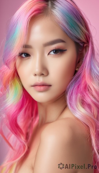 1girl,solo,long hair,breasts,looking at viewer,simple background,bare shoulders,brown eyes,jewelry,closed mouth,upper body,pink hair,nude,multicolored hair,earrings,black eyes,two-tone hair,lips,looking to the side,eyelashes,gradient hair,makeup,pink background,portrait,personification,realistic,nose,rainbow hair,blonde hair,blue hair,from side,wavy hair