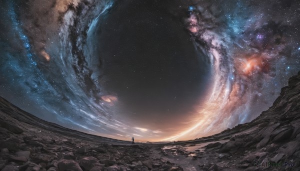 outdoors,sky,cloud,dutch angle,no humans,night,star (sky),night sky,scenery,starry sky,fantasy,space,planet,landscape,galaxy,milky way,solo,standing,star (symbol),1other,rock,ambiguous gender