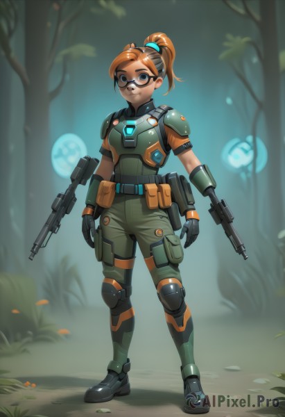 1girl,solo,looking at viewer,smile,blue eyes,brown hair,gloves,holding,brown eyes,standing,full body,ponytail,weapon,boots,outdoors,belt,pants,holding weapon,orange hair,armor,blurry,tree,gun,goggles,holding gun,nature,rifle,handgun,forest,science fiction,pouch,knee pads,elbow pads,green pants,long hair,glasses,dark skin,dark-skinned female,shoulder armor,breastplate,sniper rifle