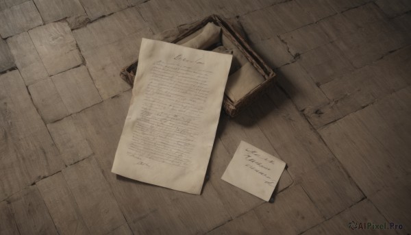 monochrome,indoors,no humans,from above,scenery,wooden floor,paper,letter,brown theme,still life,english text,shadow,floor,stone floor,wooden table,wood,brick floor