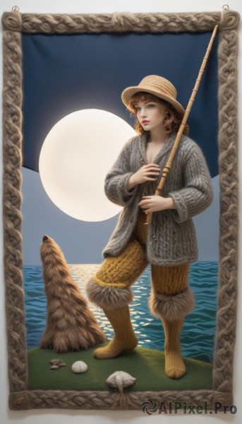 1girl,solo,brown hair,long sleeves,hat,holding,brown eyes,closed mouth,standing,full body,weapon,boots,outdoors,sky,pants,water,holding weapon,lips,ocean,border,moon,full moon,freckles,curly hair,rock,straw hat,fishing rod,fine art parody,holding fishing rod,breasts,short hair,fishing