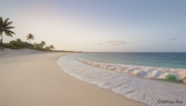 outdoors,sky,day,cloud,water,tree,blue sky,no humans,ocean,beach,scenery,sunset,sand,palm tree,horizon,shore,waves,island