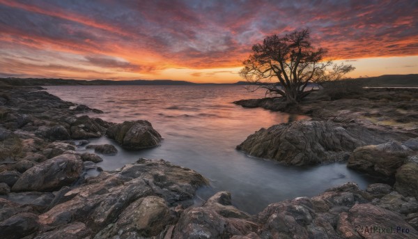 outdoors,sky,cloud,water,tree,no humans,ocean,cloudy sky,nature,scenery,reflection,sunset,rock,mountain,horizon,bare tree,river,evening,landscape,gradient sky,shore,orange sky,cliff,red sky,sun