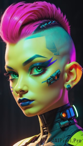 1girl,solo,looking at viewer,short hair,jewelry,green eyes,pink hair,earrings,dark skin,dark-skinned female,lips,eyelashes,bodysuit,tattoo,makeup,colored skin,piercing,lipstick,portrait,eyeshadow,science fiction,asymmetrical hair,nose,stud earrings,eyeliner,very short hair,undercut,cyborg,hair pulled back,purple lips,neon trim,mascara,mohawk,blue lips,cyberpunk,green lips,artist name,glowing,watermark,facial mark,black background,zipper,realistic,green skin