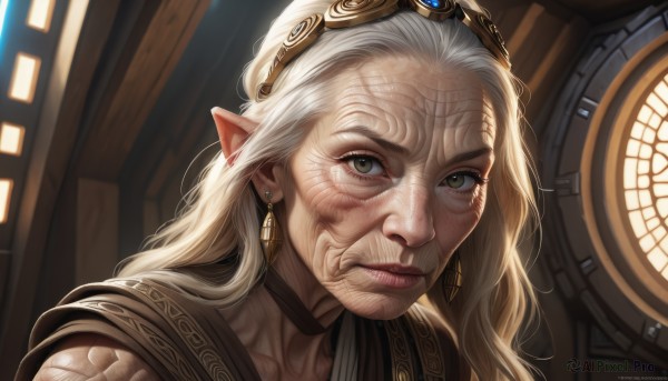 1girl,solo,long hair,looking at viewer,jewelry,closed mouth,green eyes,white hair,earrings,choker,pointy ears,artist name,indoors,lips,grey eyes,black choker,scar,goggles,portrait,freckles,veins,goggles on head,realistic,nose,old,old woman,wrinkled skin