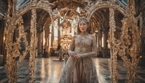 1girl,solo,long hair,breasts,looking at viewer,blue eyes,brown hair,black hair,dress,bare shoulders,jewelry,medium breasts,standing,weapon,cowboy shot,earrings,detached sleeves,sword,indoors,white dress,blurry,lips,see-through,blurry background,sunlight,own hands together,tiara,reflection,mirror,realistic,tiles,statue,church,reflective floor,long sleeves,closed mouth,parted lips,window,halterneck,red lips,halter dress,chandelier