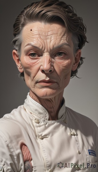 solo,looking at viewer,short hair,simple background,brown hair,shirt,black hair,1boy,brown eyes,closed mouth,white shirt,upper body,male focus,parted lips,grey background,black eyes,lips,gradient,gradient background,buttons,portrait,veins,realistic,old,wrinkled skin,artist name,signature,grey eyes,torn clothes,facial hair,expressionless,serious,nose,mustache,very short hair,manly,old man,chef