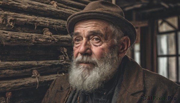 solo,shirt,1boy,hat,closed mouth,jacket,upper body,white hair,grey hair,male focus,necktie,indoors,signature,blurry,window,facial hair,portrait,beard,brown jacket,realistic,mustache,brown headwear,bald,manly,old,brown coat,old man,looking at viewer,black eyes,coat,grey eyes,blurry background,parody