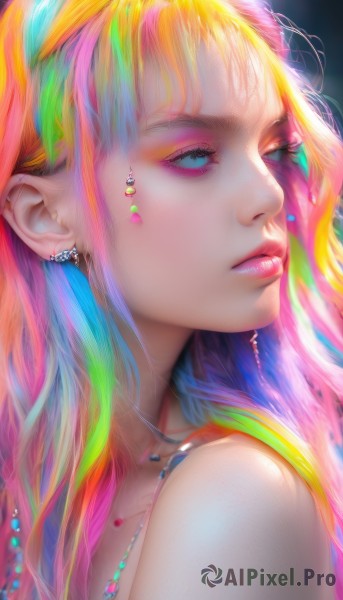 1girl,solo,long hair,bangs,blue eyes,blonde hair,bare shoulders,jewelry,closed mouth,upper body,pink hair,multicolored hair,earrings,parted lips,necklace,from side,lips,eyelashes,gradient hair,makeup,looking away,piercing,lipstick,ear piercing,portrait,eyeshadow,pink lips,realistic,nose,eyeliner,rainbow,colorful,mascara,rainbow hair,blue hair,green hair,orange hair,watermark,web address,beads