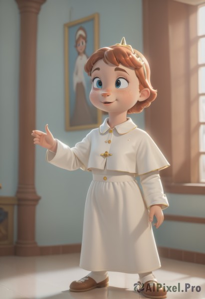 1girl,solo,blush,smile,short hair,open mouth,blue eyes,brown hair,long sleeves,dress,standing,full body,hairband,shoes,teeth,socks,indoors,white dress,window,capelet,blurry background,brown footwear,child,freckles,reflection,female child,white capelet,aged down