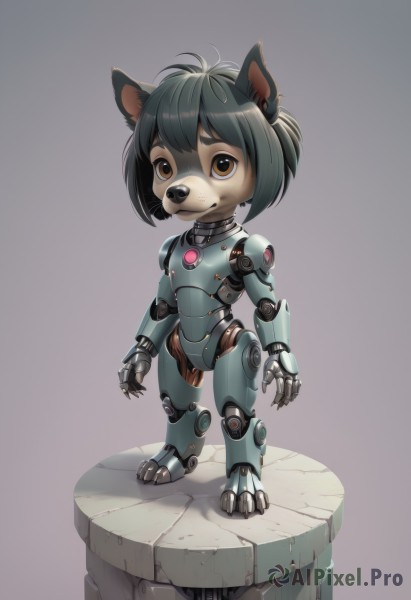 solo,looking at viewer,smile,short hair,simple background,black hair,1boy,animal ears,brown eyes,standing,full body,male focus,grey background,robot,dog ears,furry,android,joints,cyborg,robot joints,faux figurine,1girl,no humans,furry female,furry male,body fur,animal nose,humanoid robot