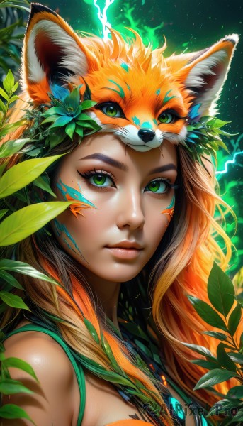 1girl,solo,long hair,breasts,looking at viewer,brown hair,hair ornament,animal ears,bare shoulders,jewelry,medium breasts,closed mouth,green eyes,upper body,flower,sleeveless,artist name,signature,hair flower,dark skin,necklace,orange hair,dark-skinned female,lips,fox ears,eyelashes,makeup,glowing,leaf,watermark,facial mark,thick eyebrows,plant,portrait,eyeshadow,freckles,pink lips,realistic,nose,whisker markings,facepaint,vines,mascara,tribal,tooth necklace,animal,nature,web address,light particles,close-up,on head,electricity,animal on head