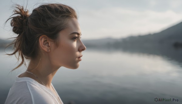 1girl,solo,short hair,brown hair,shirt,brown eyes,jewelry,white shirt,upper body,earrings,outdoors,parted lips,necklace,hair bun,blurry,from side,lips,profile,depth of field,blurry background,single hair bun,portrait,realistic,nose,looking afar,sky,cloud,mole,mountain,grey sky