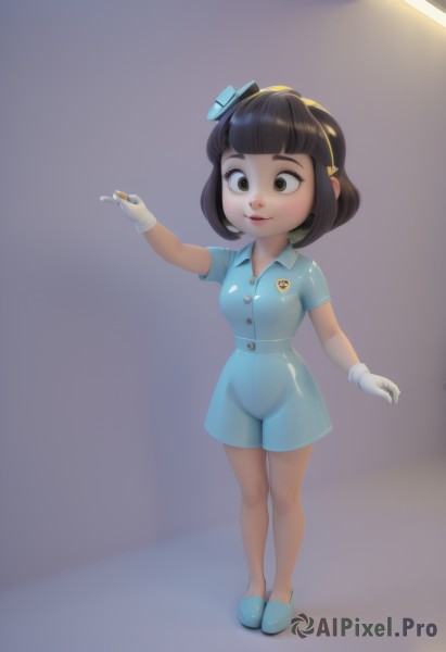 1girl,solo,breasts,smile,short hair,bangs,brown hair,shirt,black hair,hair ornament,gloves,hat,dress,holding,brown eyes,closed mouth,standing,full body,short sleeves,hairband,small breasts,shoes,shorts,shiny,collared shirt,white gloves,blunt bangs,black eyes,lips,see-through,buttons,blue dress,blue shirt,child,blue footwear,mini hat,top hat,female child,badge,mini top hat,yellow hairband,chalk,aqua footwear,pantyhose