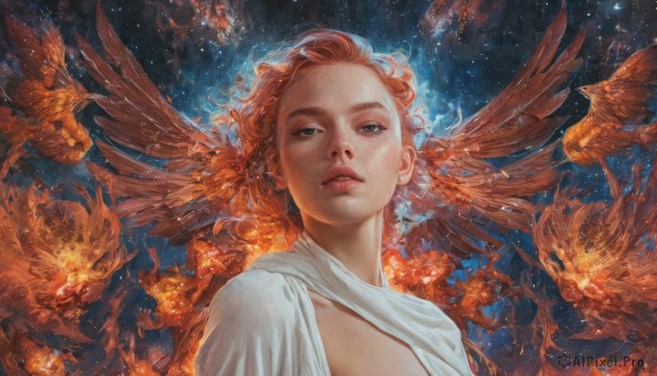 1girl,solo,looking at viewer,short hair,upper body,braid,red hair,parted lips,wings,orange hair,lips,bird,star (sky),feathered wings,realistic,nose,fantasy,goldfish,long hair,blue eyes,teeth,floating hair,fire,looking up,portrait,freckles,fish