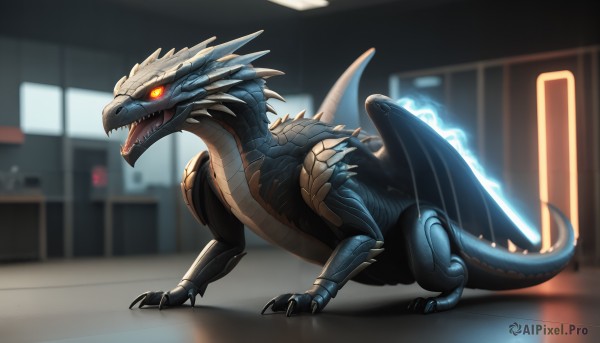 HQ,solo,open mouth,red eyes,tail,full body,wings,teeth,indoors,blurry,orange eyes,pokemon (creature),no humans,blurry background,glowing,fangs,sharp teeth,glowing eyes,claws,monster,dragon,scales,kaijuu,standing,yellow eyes