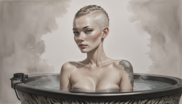 1girl,solo,breasts,looking at viewer,short hair,blue eyes,blonde hair,large breasts,cleavage,bare shoulders,medium breasts,collarbone,upper body,braid,nude,parted lips,water,mole,lips,wet,grey eyes,tattoo,steam,partially submerged,freckles,mole on breast,realistic,bathing,bath,bathtub,closed mouth,very short hair