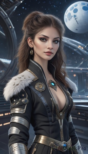 1girl,solo,long hair,breasts,looking at viewer,brown hair,long sleeves,cleavage,brown eyes,jewelry,medium breasts,closed mouth,upper body,ponytail,earrings,sky,belt,necklace,armor,lips,fur trim,makeup,night,moon,star (sky),night sky,full moon,nose,red lips,artist name,bodysuit,lipstick,forehead,eyeshadow,science fiction,realistic,space,planet,spacecraft