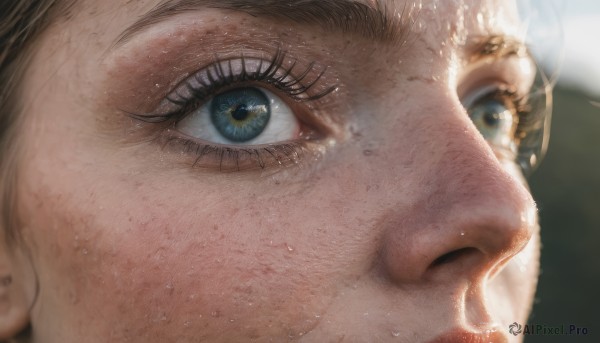 1girl,solo,looking at viewer,open mouth,blue eyes,brown hair,1boy,male focus,blurry,lips,eyelashes,depth of field,blurry background,portrait,close-up,freckles,reflection,realistic,eye focus,green eyes,sweat,looking afar