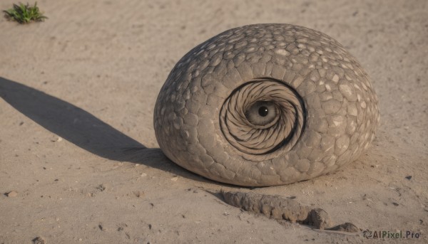 looking at viewer,outdoors,day,black eyes,no humans,shadow,animal,1other,snake,realistic,sand,one-eyed,animal focus,oversized animal,eye focus,grass,rock,scales