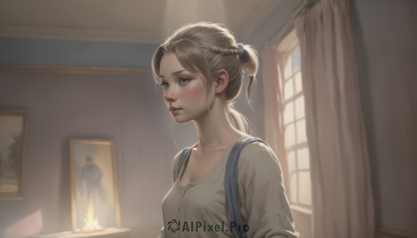 1girl,solo,breasts,blush,blue eyes,blonde hair,brown hair,shirt,cleavage,medium breasts,collarbone,white shirt,upper body,ponytail,braid,parted lips,indoors,blurry,lips,window,blurry background,sunlight,fire,curtains,freckles,realistic,nose,candle,painting (object),closed mouth,small breasts