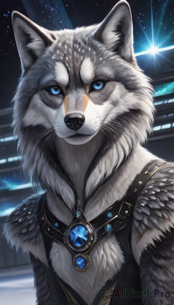 solo,looking at viewer,blue eyes,jewelry,closed mouth,upper body,sky,artist name,no humans,night,animal,scar,brooch,gem,star (sky),furry,starry sky,animal focus,white fur,fur,wolf,blue gemstone,fluffy,signature,grey fur