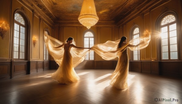 long hair,bangs,multiple girls,black hair,dress,2girls,bare shoulders,standing,ponytail,indoors,white dress,looking at another,see-through,window,sunlight,outstretched arms,curtains,light rays,wooden floor,long dress,light,candle,dancing,yellow dress,see-through silhouette,chandelier,brown hair,closed eyes,hair bun,single hair bun,veil,scenery,ceiling