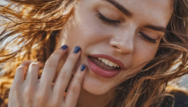 1girl,solo,long hair,smile,open mouth,blonde hair,brown hair,closed eyes,teeth,hand up,nail polish,mole,lips,fingernails,eyelashes,floating hair,portrait,facing viewer,close-up,hand on own face,blue nails,realistic,nose,nail art,freckles