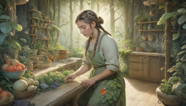 1girl,solo,long hair,smile,brown hair,shirt,black hair,closed mouth,standing,closed eyes,white shirt,braid,flower,outdoors,food,day,indoors,hair bun,apron,twin braids,tree,eyelashes,fruit,animal,leaf,floral print,table,sunlight,plant,nature,hair over shoulder,sleeves rolled up,forest,bowl,realistic,nose,basket,tiles,carrot,mushroom,ladle,vegetable,green apron,garden,potato,cutting board,onion,long sleeves,dress,holding,hairband,from side,lips,profile,looking down,knife,wooden floor,spoon,apple,potted plant,vines,hair pulled back,cooking,grapes,orange (fruit),kitchen,sleeves pushed up,jar,tomato,counter,cabinet,wooden table