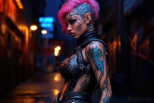 1girl,solo,breasts,looking at viewer,short hair,blue eyes,bare shoulders,jewelry,medium breasts,upper body,pink hair,earrings,outdoors,parted lips,blurry,from side,lips,tattoo,profile,makeup,night,blurry background,piercing,ear piercing,nose,arm tattoo,undercut,facial tattoo,nose piercing,dark skin,dark-skinned female,earphones