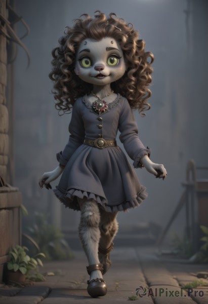 1girl,solo,long hair,looking at viewer,smile,open mouth,brown hair,long sleeves,dress,animal ears,jewelry,green eyes,standing,full body,outdoors,frills,shoes,belt,artist name,necklace,blurry,flat chest,night,depth of field,blurry background,fangs,moon,plant,monster girl,brooch,child,claws,furry,pendant,walking,curly hair,furry female,female child,potted plant,grey dress,animal nose,tail,signature,black footwear,blue dress,wavy hair,piercing,frilled dress,full moon,freckles,grey fur