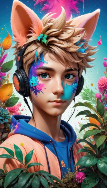 solo,looking at viewer,short hair,blue eyes,blonde hair,brown hair,1boy,animal ears,closed mouth,green eyes,upper body,flower,male focus,outdoors,sky,artist name,cat ears,hood,lips,petals,fox ears,eyelashes,hoodie,headphones,leaf,facial mark,hood down,plant,portrait,pink flower,nose,facepaint,paint splatter,paint,paint splatter on face,hair ornament,brown eyes,sleeveless,dog ears,drawstring,blue hoodie,splatter