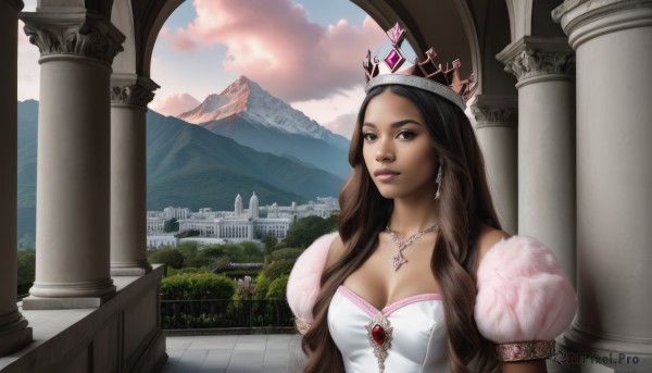 1girl,solo,long hair,breasts,looking at viewer,brown hair,dress,cleavage,brown eyes,jewelry,medium breasts,upper body,earrings,outdoors,sky,puffy sleeves,cloud,dark skin,necklace,dark-skinned female,lips,tiara,crown,mountain,pillar,castle,princess,black hair,tree,scenery,pendant,realistic,column