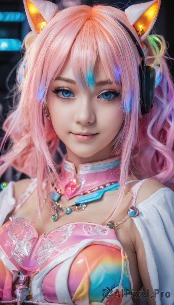 1girl,solo,long hair,breasts,looking at viewer,smile,bangs,blue eyes,animal ears,cleavage,bare shoulders,twintails,jewelry,medium breasts,closed mouth,upper body,pink hair,cat ears,necklace,blurry,lips,eyelashes,makeup,fake animal ears,headphones,gem,pink lips,realistic,nose,animal ear headphones,cat ear headphones,heart,multicolored hair,earrings,detached collar