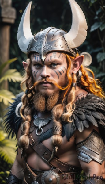 solo,long hair,looking at viewer,blue eyes,blonde hair,1boy,jewelry,closed mouth,upper body,braid,male focus,outdoors,horns,pointy ears,belt,orange hair,armor,blurry,twin braids,tattoo,muscular,blurry background,facial hair,facial mark,helmet,feathers,beard,realistic,mustache,fake horns,facepaint,horned headwear,horned helmet,brown hair,earrings,necklace,lips,manly