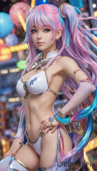 1girl,solo,long hair,breasts,looking at viewer,bangs,blue eyes,hair ornament,thighhighs,navel,cleavage,twintails,jewelry,medium breasts,closed mouth,underwear,blue hair,standing,swimsuit,pink hair,bikini,multicolored hair,cowboy shot,detached sleeves,armpits,stomach,nail polish,blurry,bracelet,two-tone hair,white thighhighs,two side up,lips,streaked hair,hand on hip,detached collar,blurry background,white bikini,ring,revealing clothes,bridal gauntlets,pink nails,armlet,realistic,nose,bikini armor,bare shoulders,fingernails,depth of field