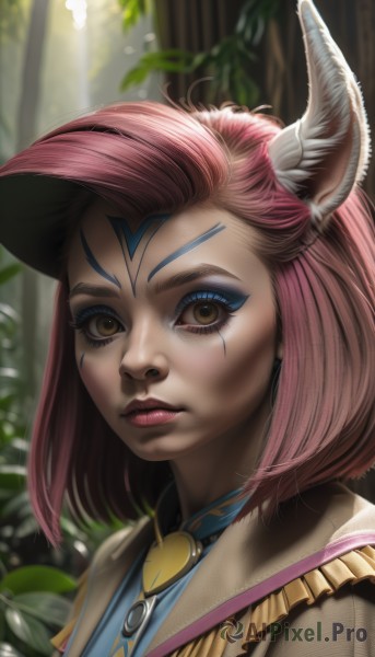 1girl,solo,looking at viewer,short hair,hair ornament,animal ears,brown eyes,jewelry,closed mouth,upper body,pink hair,red hair,outdoors,horns,artist name,medium hair,blurry,lips,eyelashes,makeup,facial mark,feathers,plant,lipstick,portrait,nature,eyeshadow,forest,nose,eyeliner,feather hair ornament,heart,signature,necklace,blurry background,leaf,watermark,bob cut,web address,realistic,facepaint,facial tattoo,mascara