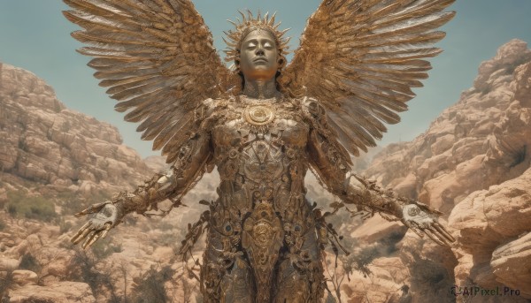 solo,1boy,standing,male focus,outdoors,wings,sky,day,blue sky,no humans,glowing,halo,robot,glowing eyes,science fiction,white eyes,no pupils,statue,cowboy shot,cloud,armor,chain,gauntlets,scenery,feathered wings,rock,fantasy,angel,open hands