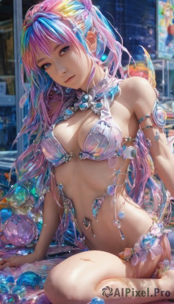 1girl,solo,long hair,breasts,looking at viewer,bangs,hair ornament,navel,cleavage,bare shoulders,jewelry,medium breasts,sitting,closed mouth,blue hair,purple eyes,swimsuit,pink hair,bikini,multicolored hair,earrings,stomach,blurry,two-tone hair,lips,arm support,piercing,gem,armlet,crystal,realistic,yokozuwari,blue eyes,purple hair,barefoot,watermark,wariza,web address,navel piercing