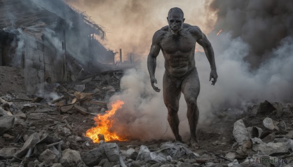 solo,1boy,standing,male focus,outdoors,no humans,muscular,colored skin,abs,fire,smoke,walking,monster,bald,ruins,debris,dust,burning,destruction,rubble,open mouth,full body,nude,teeth,pointy ears,building,rock,giant