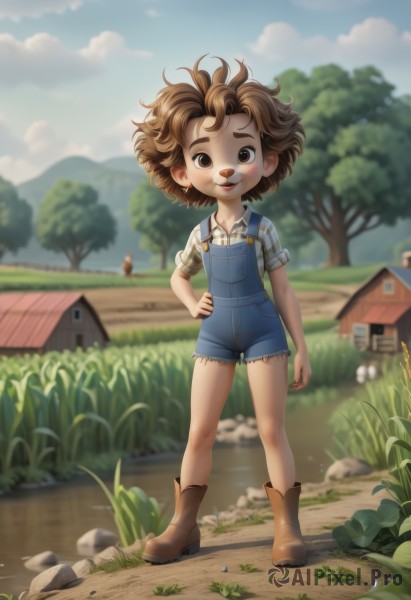 1girl,solo,looking at viewer,blush,smile,short hair,open mouth,brown hair,shirt,brown eyes,standing,full body,white shirt,short sleeves,boots,outdoors,sky,shorts,day,collared shirt,artist name,cloud,blurry,tree,blue sky,hand on hip,depth of field,blurry background,brown footwear,thick eyebrows,grass,denim,building,messy hair,child,sleeves rolled up,freckles,rock,female child,overalls,house,plaid shirt,blue overalls,overall shorts,curly hair