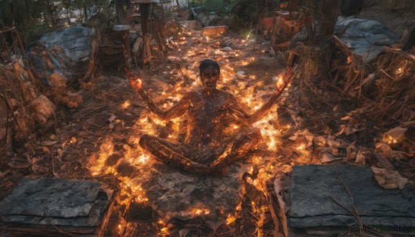 solo,short hair,black hair,1boy,sitting,male focus,nude,barefoot,tree,glowing,fire,scenery,indian style,ruins,holding,outdoors,nature,rock,campfire