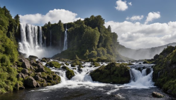 outdoors,sky,day,cloud,water,tree,blue sky,no humans,cloudy sky,nature,scenery,forest,rock,mountain,river,waterfall,landscape,cliff