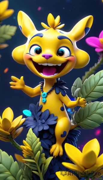 solo,looking at viewer,blush,smile,open mouth,1boy,animal ears,brown eyes,jewelry,sitting,full body,flower,male focus,outdoors,teeth,artist name,necklace,blurry,night,leaf,fangs,blue background,blush stickers,happy,furry,freckles,waving,yellow flower,furry male,animal nose,topknot,yellow fur,buck teeth,blue eyes,tail,night sky,magatama,yellow skin