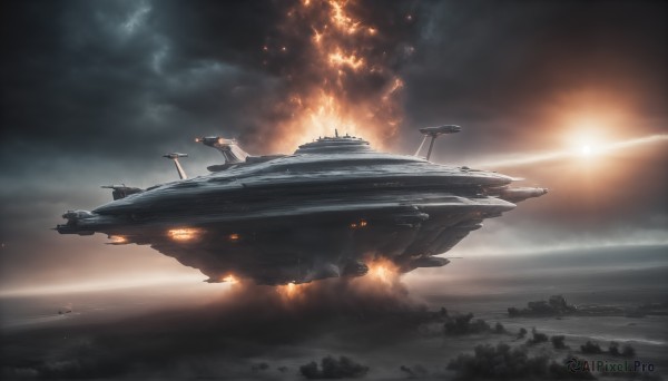 HQ,outdoors,sky,cloud,military,no humans,ocean,fire,smoke,flying,science fiction,turret,realistic,aircraft,sun,cannon,military vehicle,airplane,battle,watercraft,explosion,vehicle focus,ship,firing,spacecraft,warship,burning,water,cloudy sky,scenery,space,planet,lights