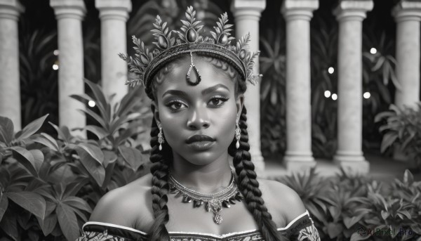 1girl,solo,long hair,looking at viewer,hair ornament,dress,bare shoulders,jewelry,closed mouth,monochrome,upper body,braid,greyscale,earrings,dark skin,necklace,blurry,twin braids,dark-skinned female,lips,blurry background,leaf,watermark,facial mark,tiara,crown,plant,portrait,realistic,pillar,column,multiple braids,parted lips,off shoulder,gem