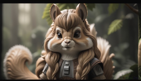 1girl,solo,long hair,looking at viewer,brown hair,brown eyes,closed mouth,tail,upper body,braid,outdoors,blurry,black eyes,twin braids,tree,no humans,depth of field,blurry background,animal,leaf,furry,furry female,animal focus,squirrel,smile,animal ears,day,artist name,:3,border,letterboxed,portrait,nature,forest,zipper,whiskers,brown fur,squirrel ears,squirrel tail