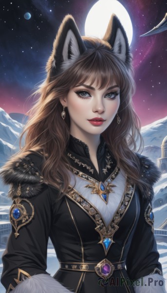 1girl,solo,long hair,breasts,looking at viewer,smile,bangs,brown hair,long sleeves,dress,animal ears,brown eyes,jewelry,upper body,earrings,outdoors,sky,artist name,cat ears,lips,coat,animal ear fluff,grey eyes,fur trim,makeup,night,moon,wolf ears,lipstick,brooch,gem,star (sky),night sky,snow,full moon,starry sky,mountain,winter clothes,red lips,fur-trimmed sleeves,fur-trimmed coat,blue eyes,closed mouth,necklace,black dress,eyelashes,wavy hair,eyeshadow,nose