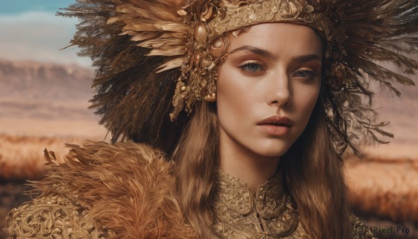 1girl,solo,long hair,looking at viewer,blue eyes,brown hair,hair ornament,closed mouth,outdoors,sky,day,blurry,lips,grey eyes,eyelashes,depth of field,blurry background,feathers,portrait,freckles,realistic,nose,headdress,parted lips,mole,helmet